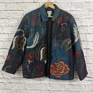 Chicos 1 Denim Jacket Patchwork Floral Art to Wear Maximalist Dopamine Sz Small